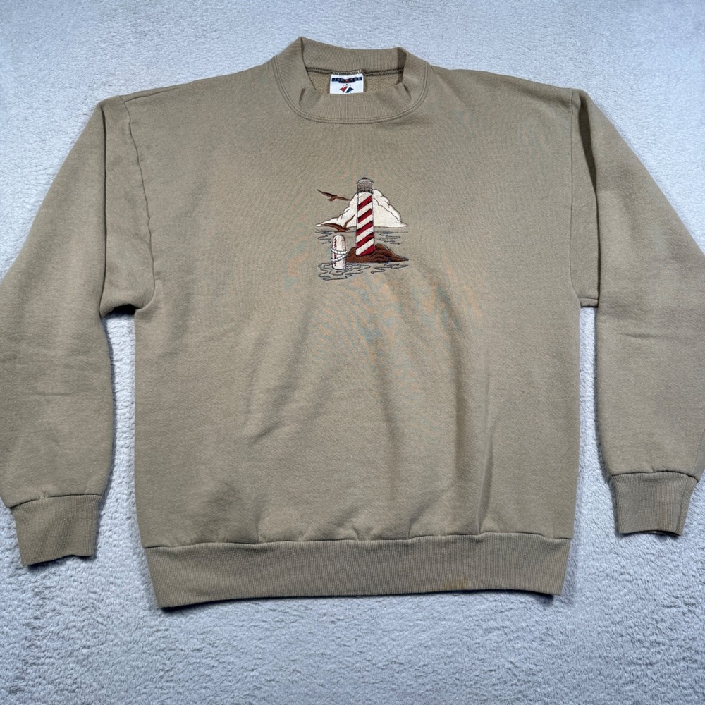 Vintage 90s Jerzees Sweatshirt Women S Tan Lighthouse Embroidered Crewneck Retro